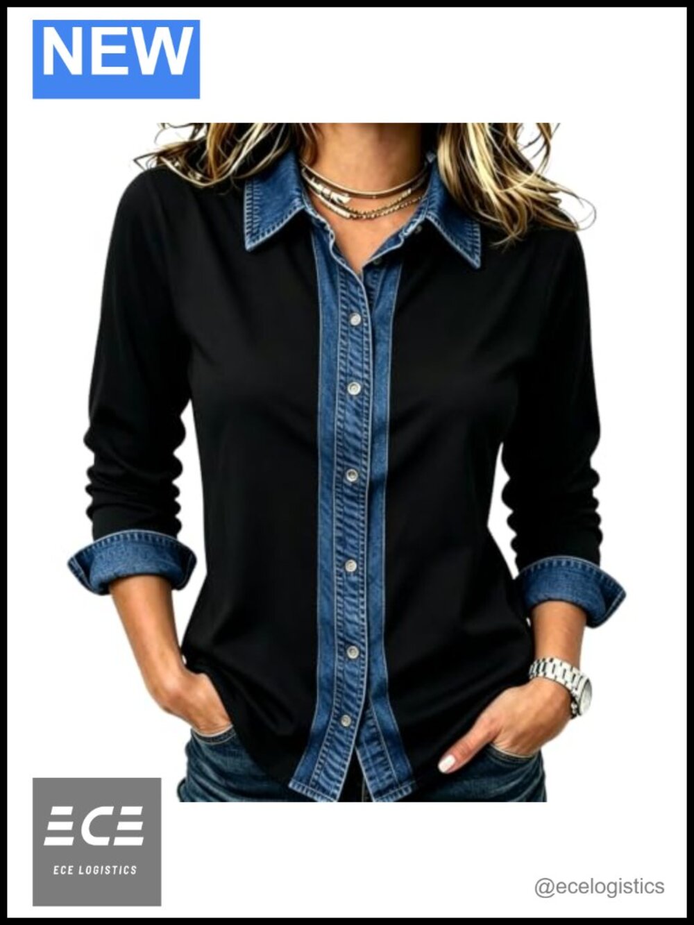 Women Denim Patchwork Button Down Shirt Long Sleeve Loose Fit